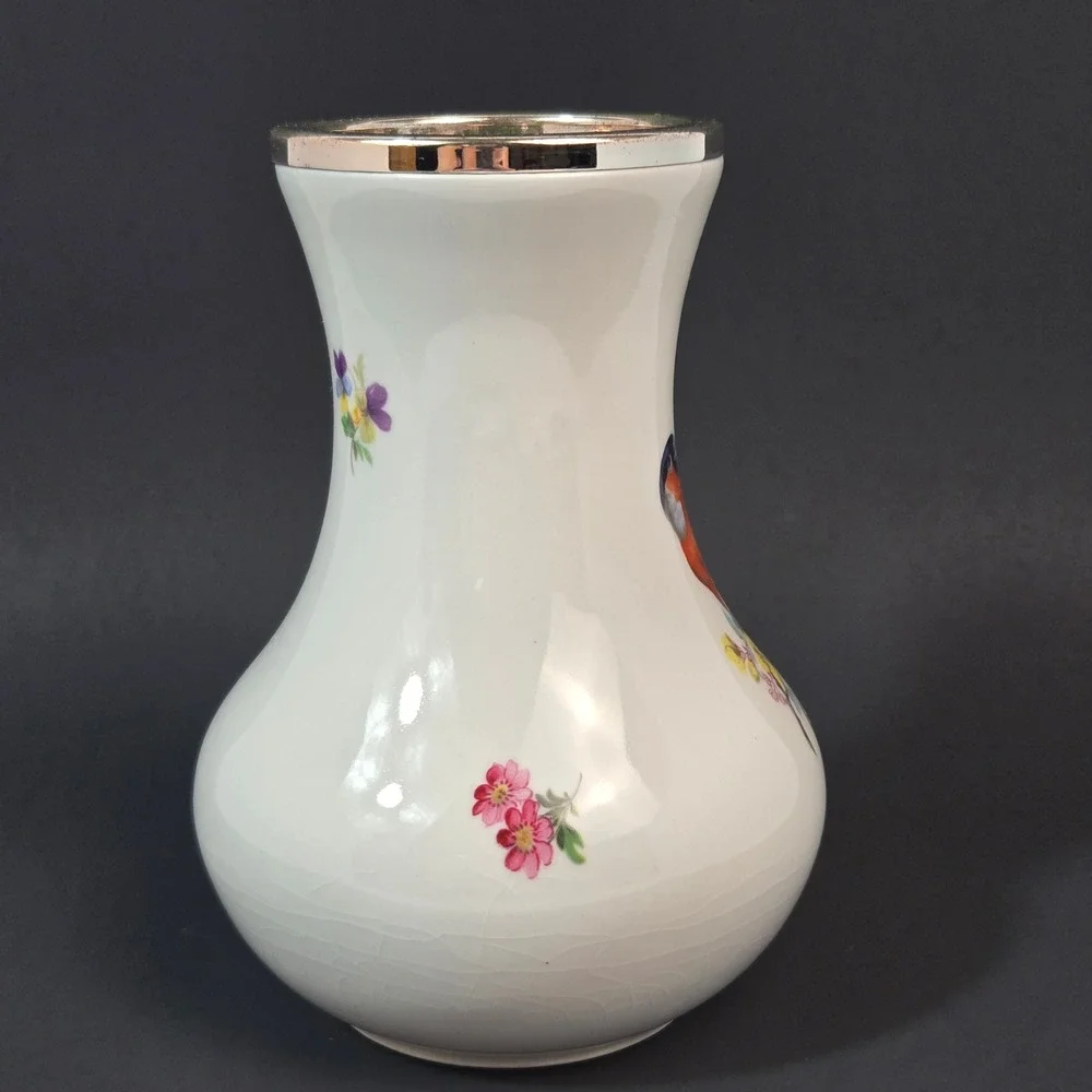 WMF Porzellan Germany Bird Vase Bullfinch Floral White Porcelain Silver Rim 6